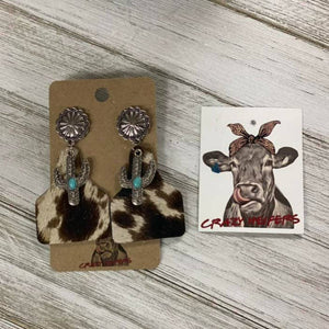 Cow Tag Earrings W/ Cactus Charms: BROWN COW Crazy Heifer