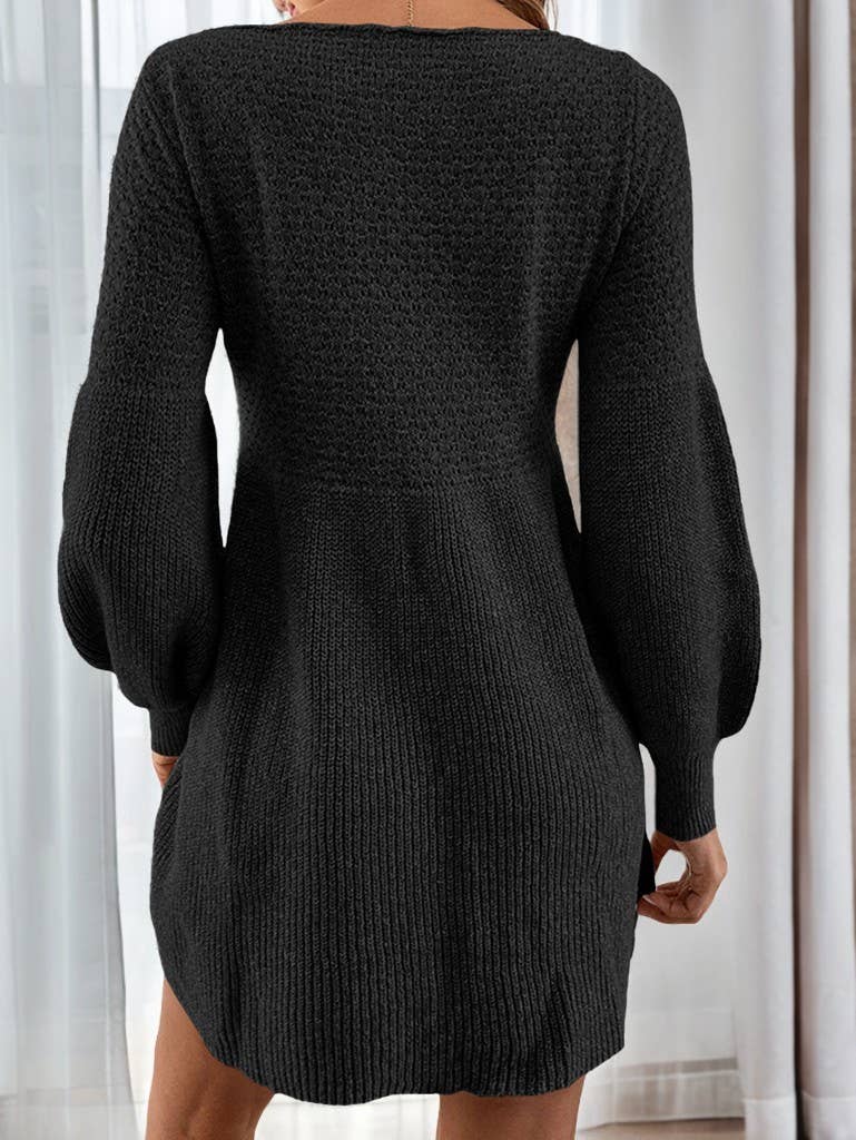 Lantern sleeve high-waisted knitted dress: BLACK Lily