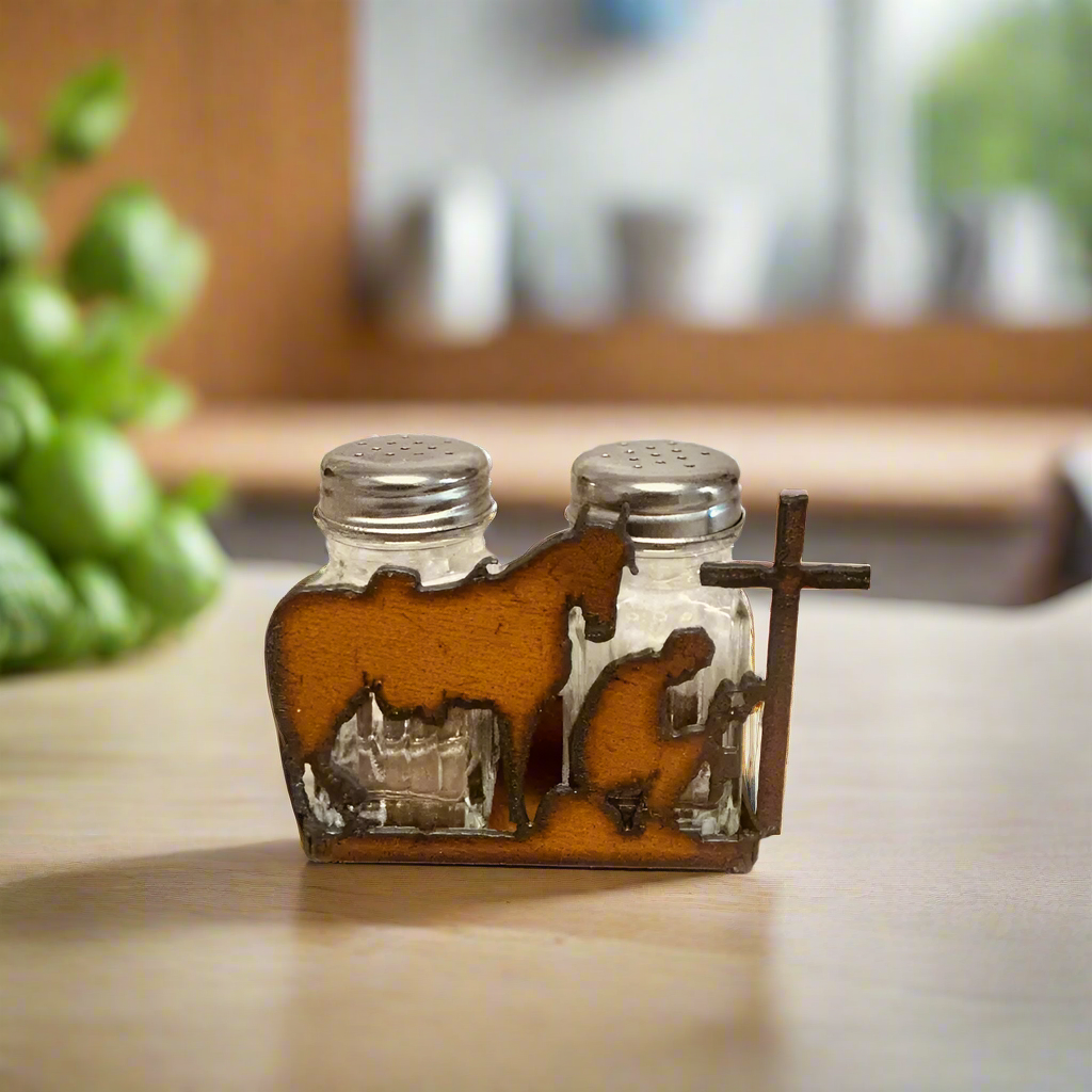 Cowboy at Cross Rustic Metal Salt n Pepper Shaker Cowboy Ironwork