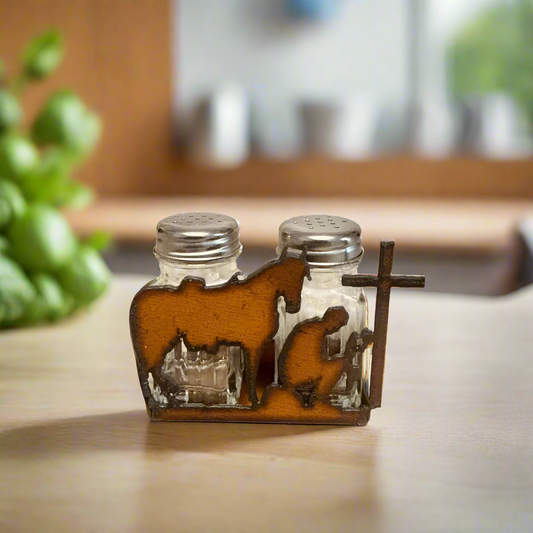 Cowboy at Cross Rustic Metal Salt n Pepper Shaker Cowboy Ironwork