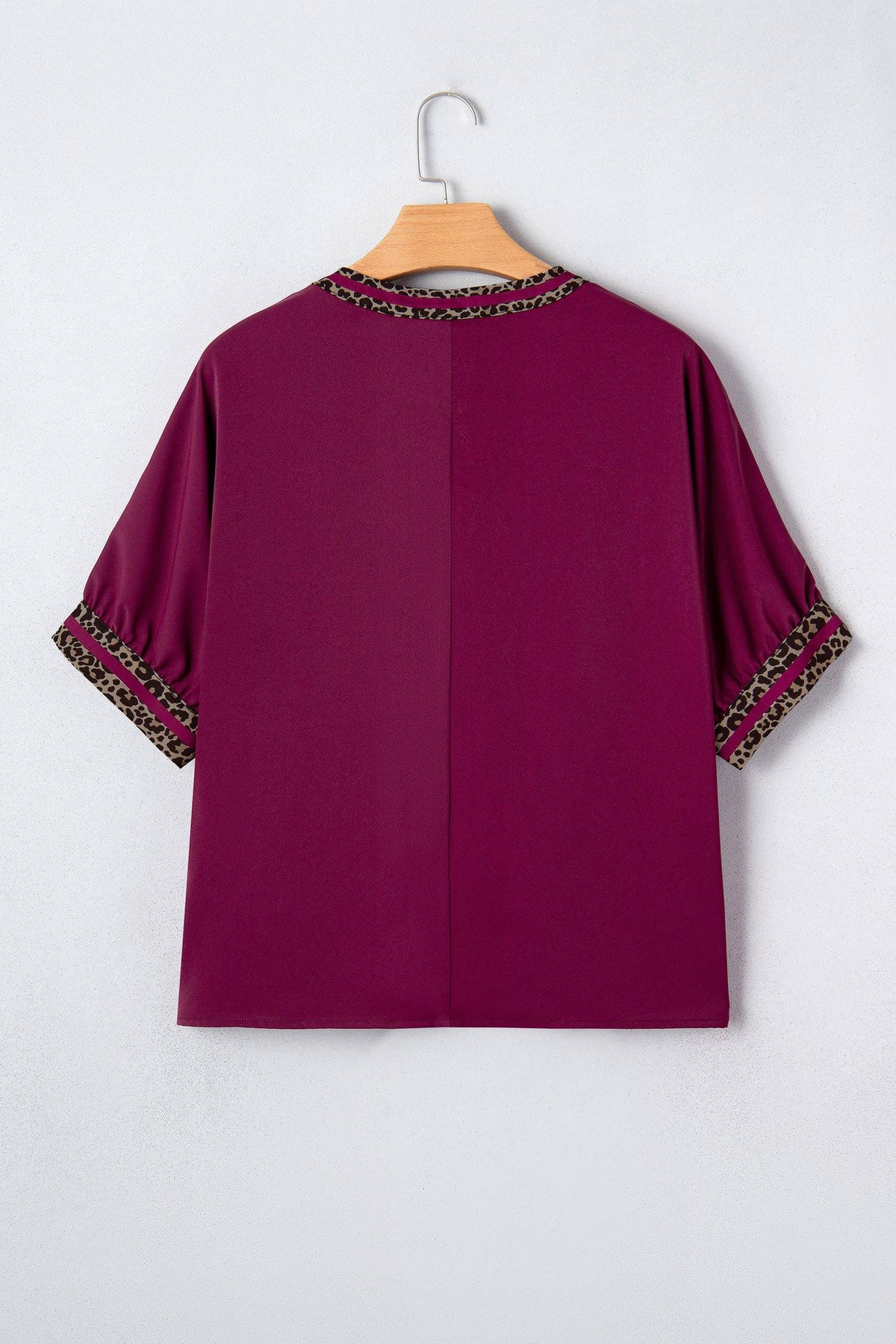 PRETTY BASH Leopard Contrast Trim Short Sleeve Blouse: Red Dahlia / S