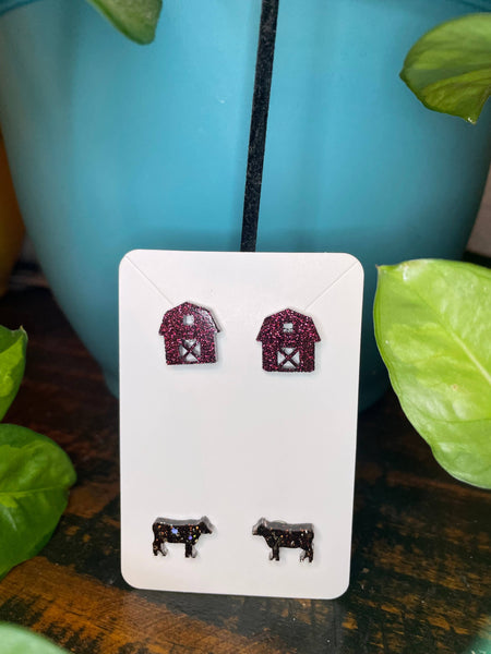 Barn Cow Stud Earrings ranch punchy western: Brown cow