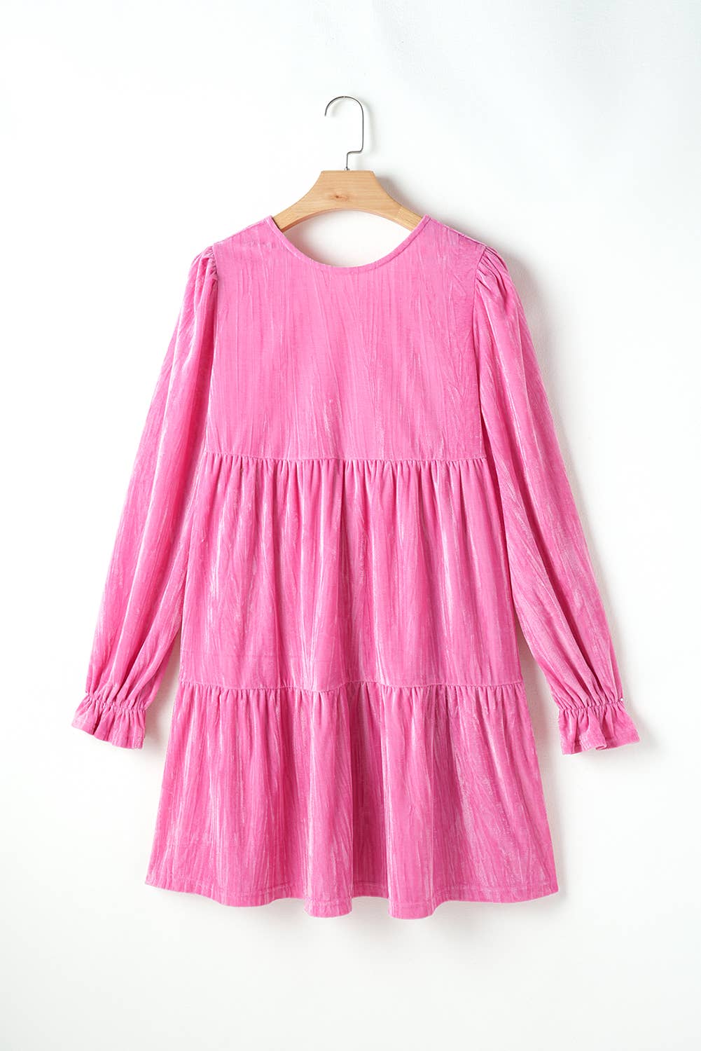 Pink Flounce Sleeve Tiered Ruffled Velvet Mini Dress 66