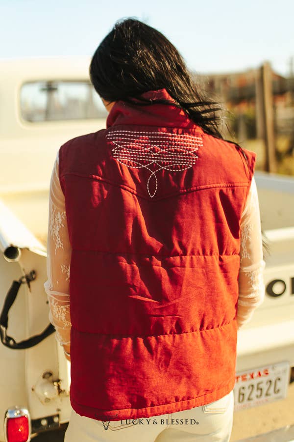 Wine Puffer W Aztec Lining Boot Stitch Detail Vest: S