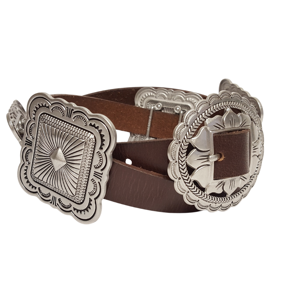 Genuine Leather w. silver-tone Concho Belt : Brown Axesoria