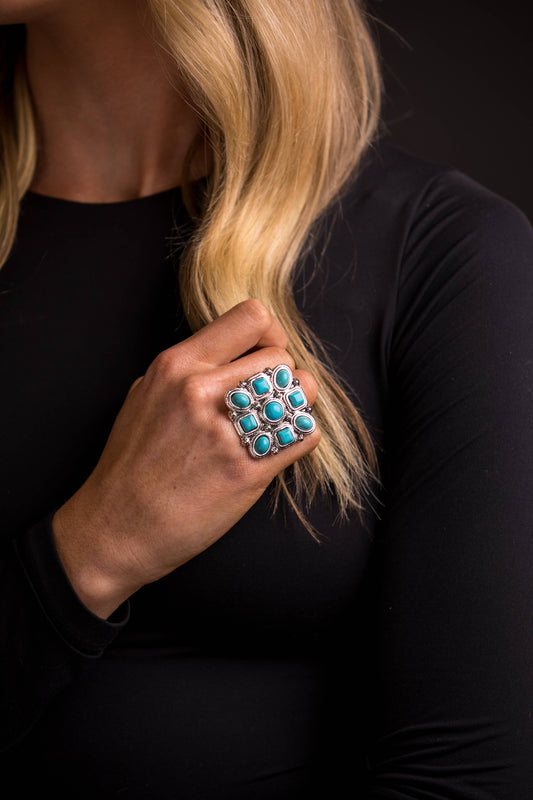 Adjustable Turquoise and Silver Square Multi Stone Ring west co