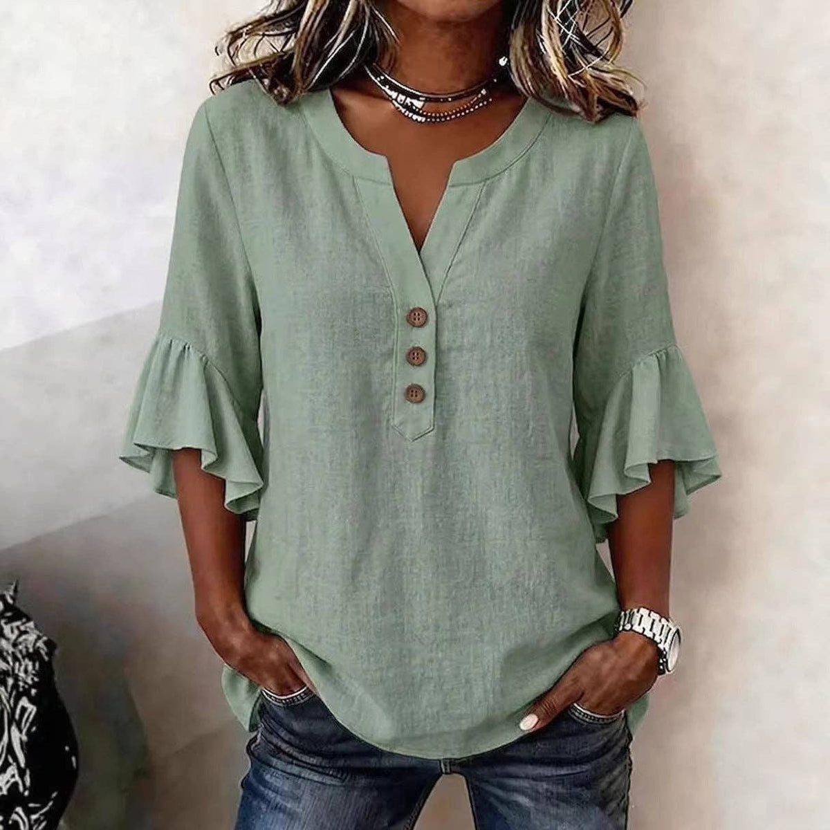 Cotton Linen Blouse V Neck Ruffle Sleeve Women's Top: Pink / 95%polyester+5%Elastane / M