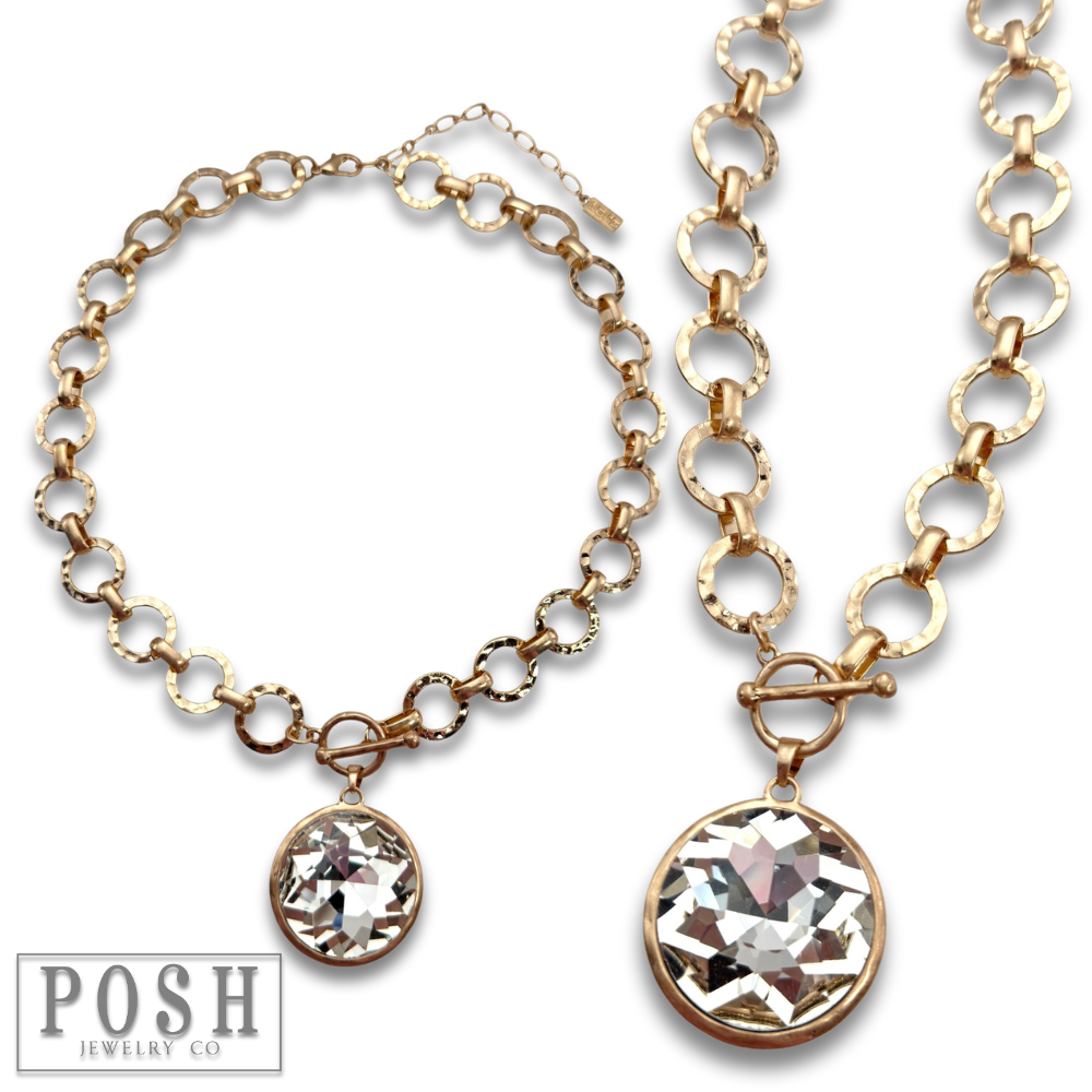 Chunky chain and round pendant necklace: Gold PP
