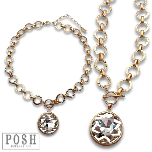 Chunky chain and round pendant necklace: Gold PP