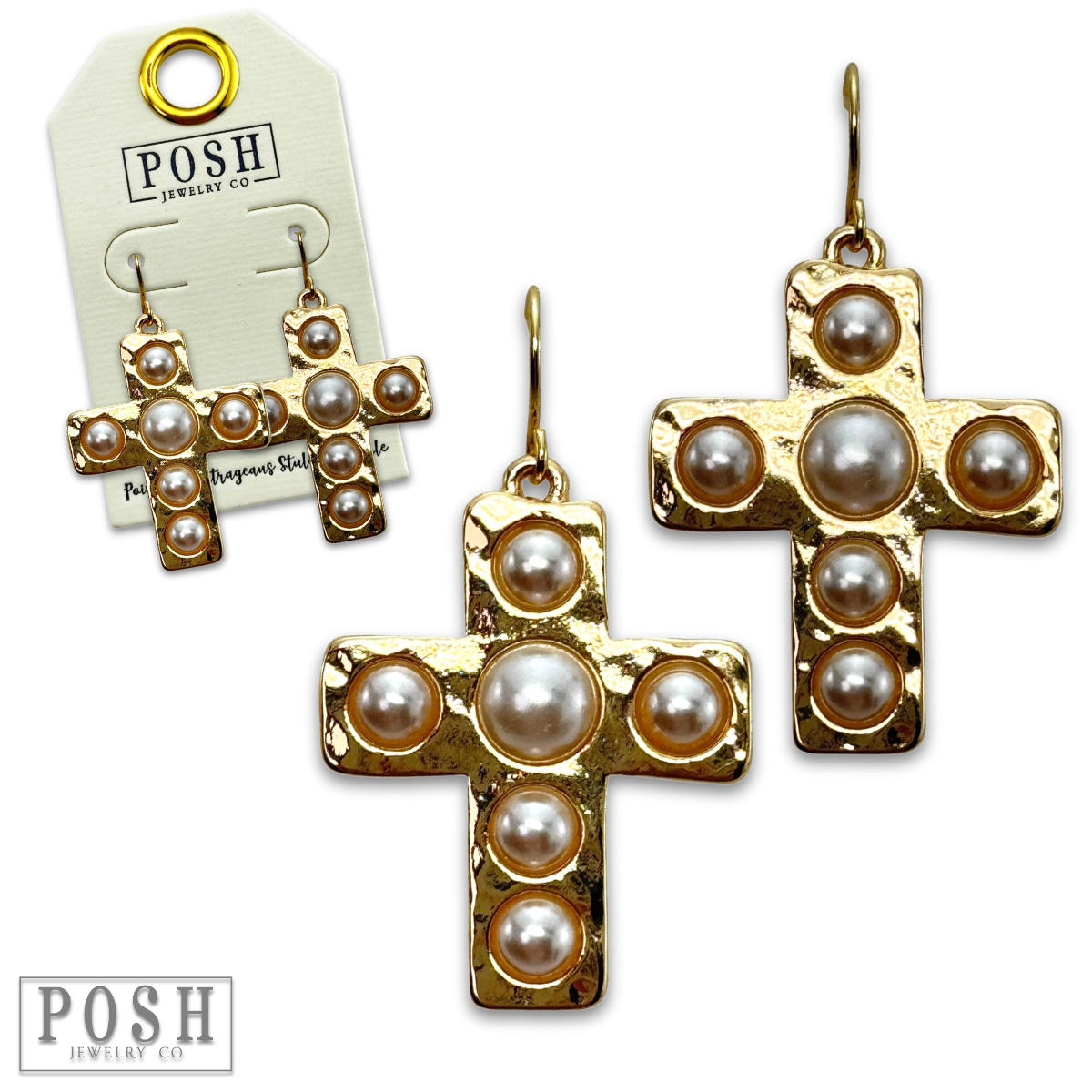 Pearl bead cross earring: Gold