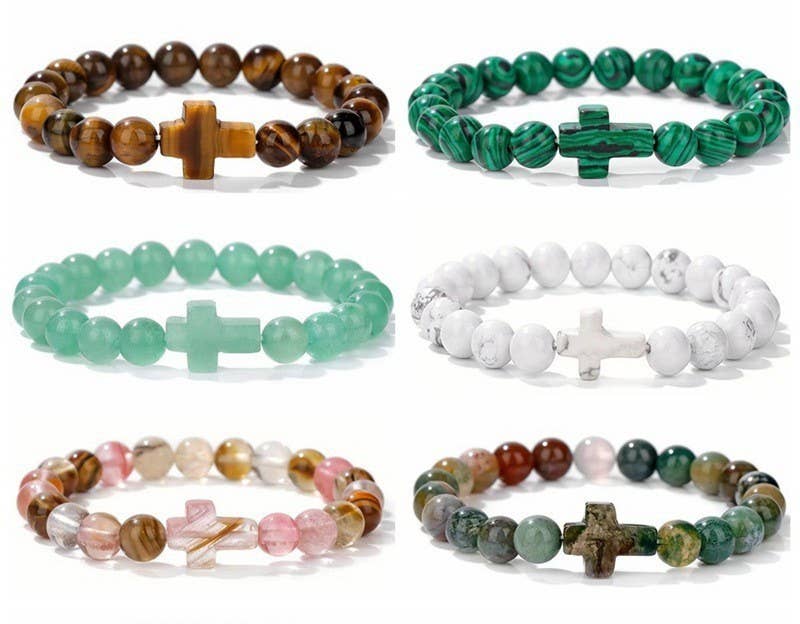 Boho Natural Stone Cross Charm Beaded Bracelet | 40B5248: African Turq