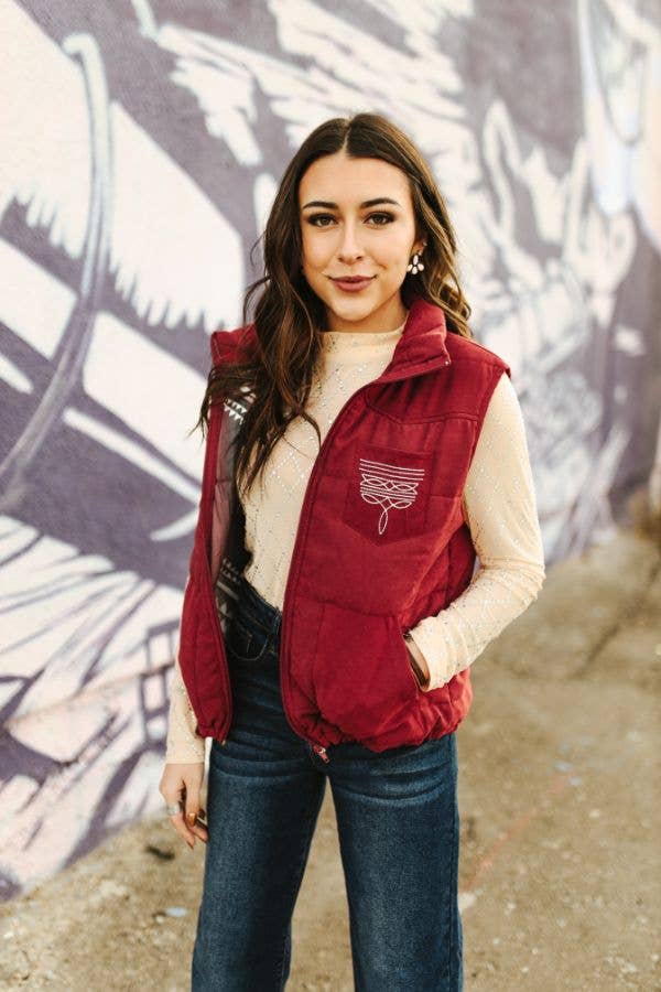 Wine Puffer W Aztec Lining Boot Stitch Detail Vest: S