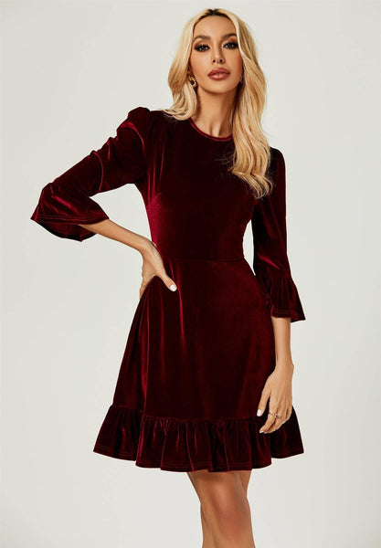 Velvet Frill Detail Mini Dress In Wine: Wine  FS Collection