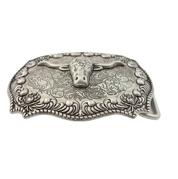 Western Antique Silver Long Horn Design Belt Buckle Axesoria