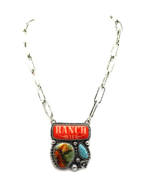 Western Ranch Wife Turquoise Portrait Pendant Necklace (Snowing)