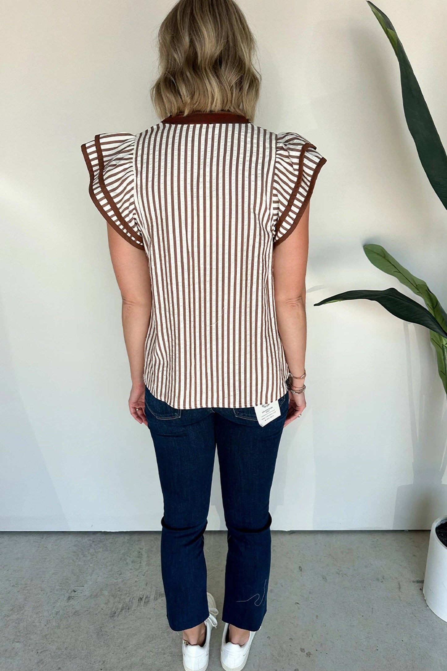 Khaki Stripe Double Ruffled Short Sleeve V Neck Blouse: Khaki Stripe / 60%Polyester+35%Cotton+5%Elastane / Lovesoft