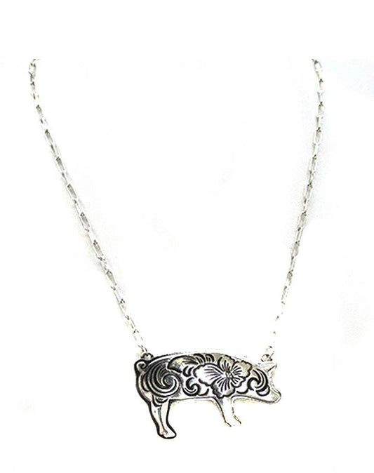 Western Etched Pig Necklace (Snowing)