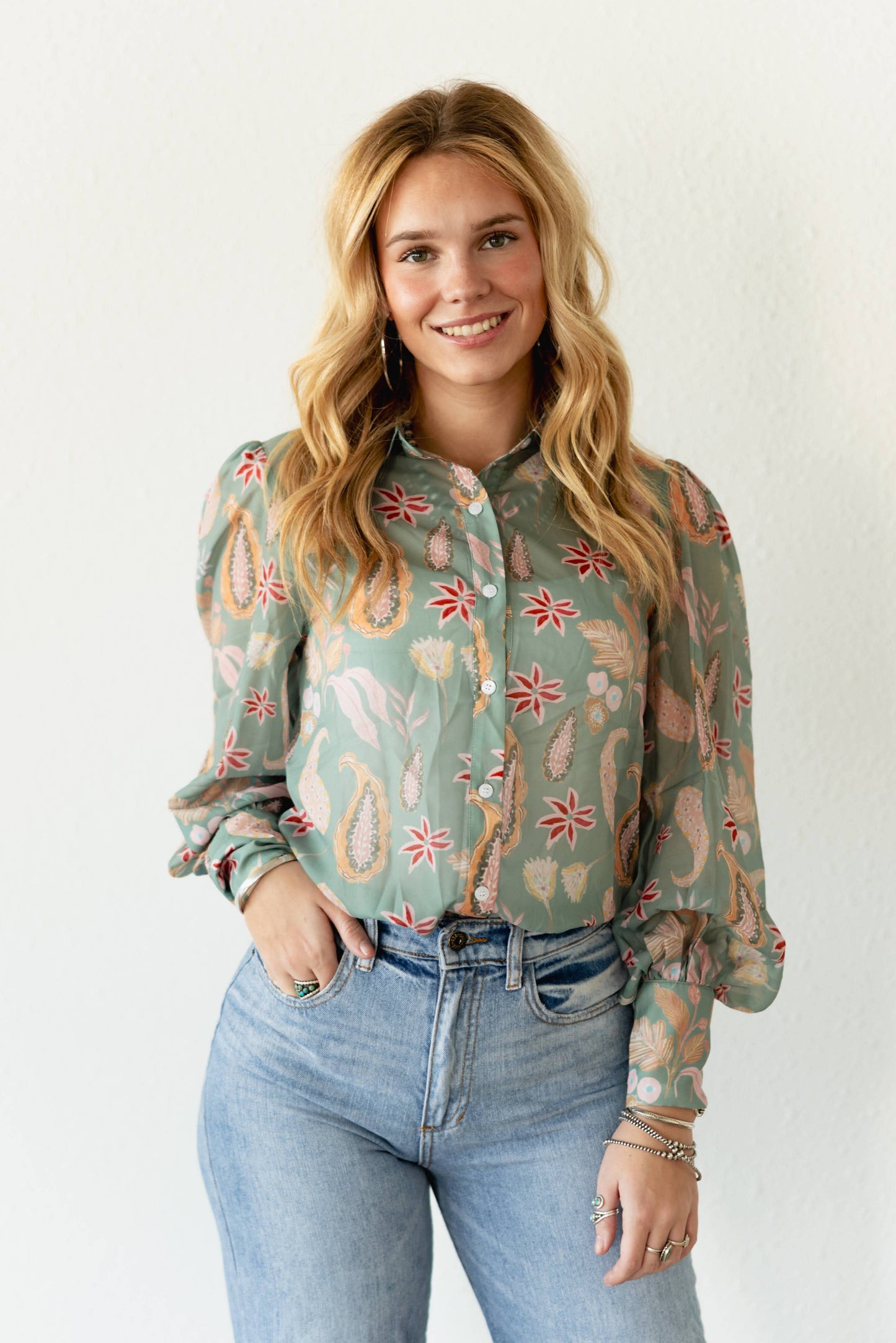 The SAGE PAISLEY  Button Up BLOUSE  TH