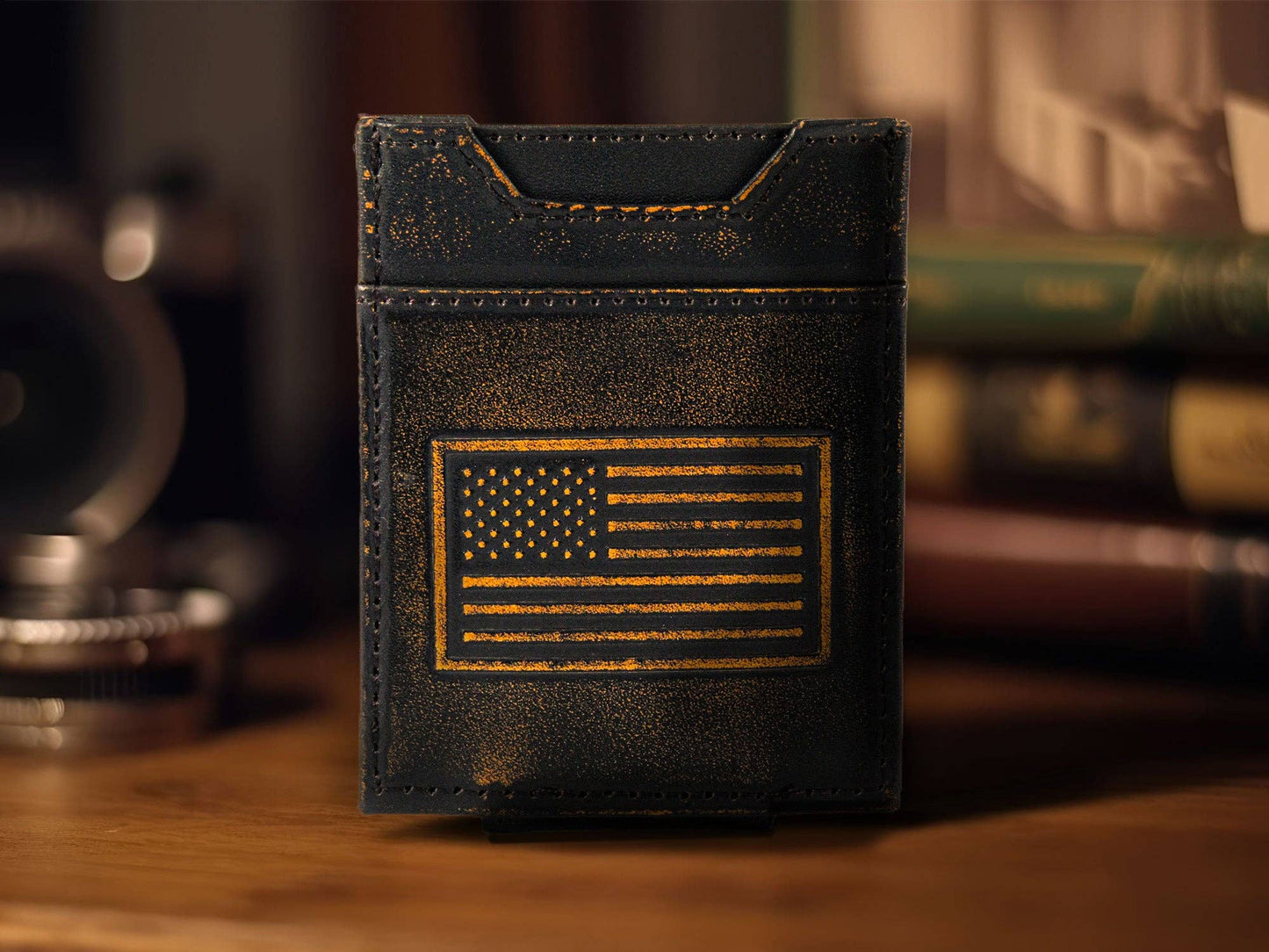American Flag Burnished Leather Zep Magnetic Front Pocket Wallet