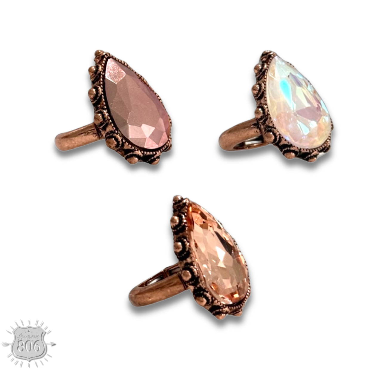 Rhinestone teardrop stretch ring - LC: White PP