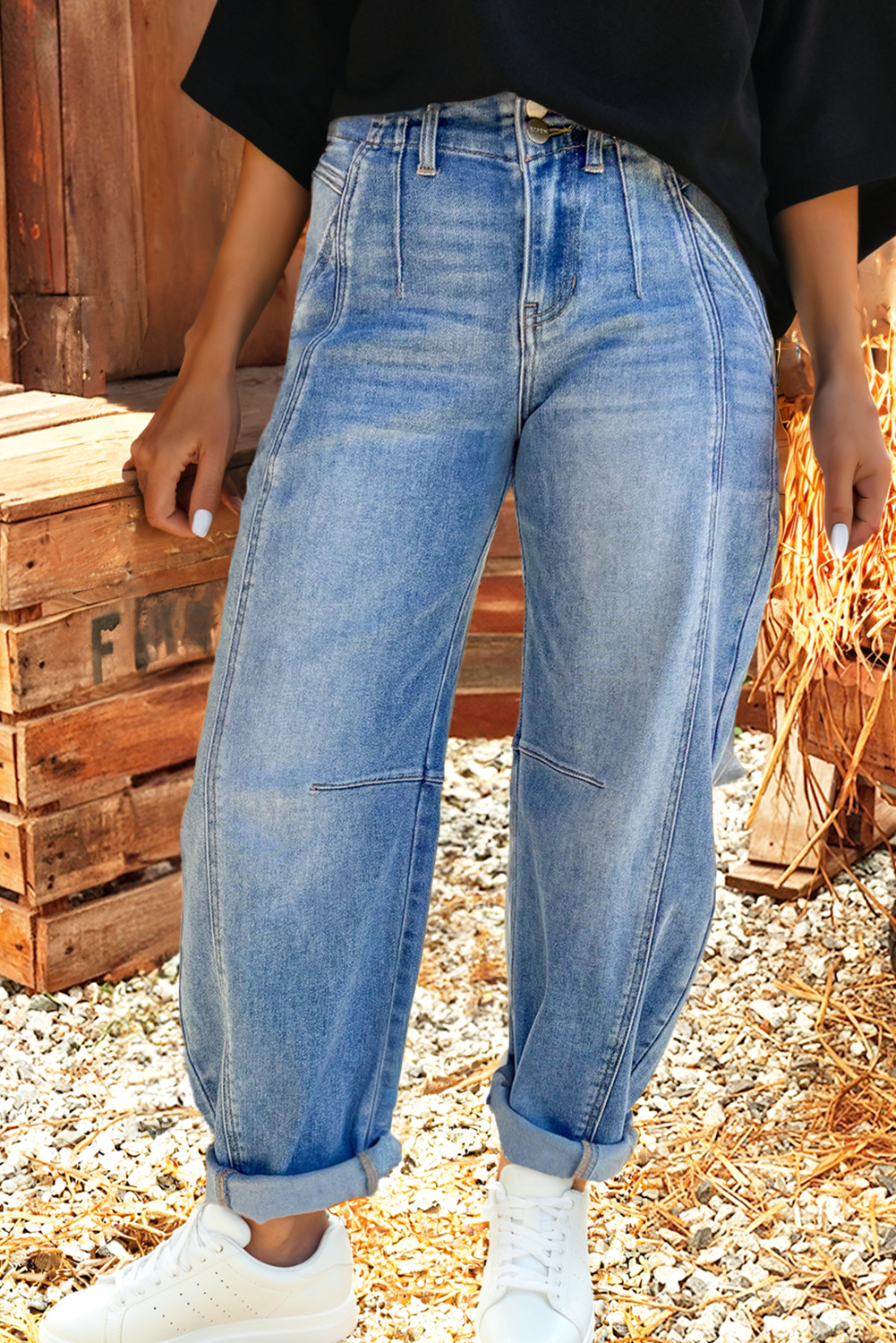 Western Multi Seam Detail Barrel Jeans: Blue Fashionw