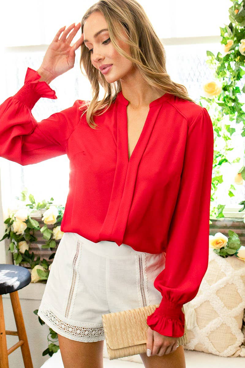 Black Henley Neck Balloon Sleeve On Smocked Blouse Top VL