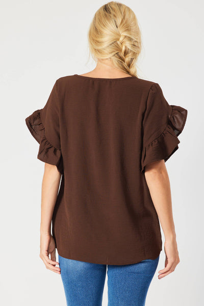 ST2407 - RUFFLED TULIP SLEEVE V NECK TOP: BROWN  FSL Apparel