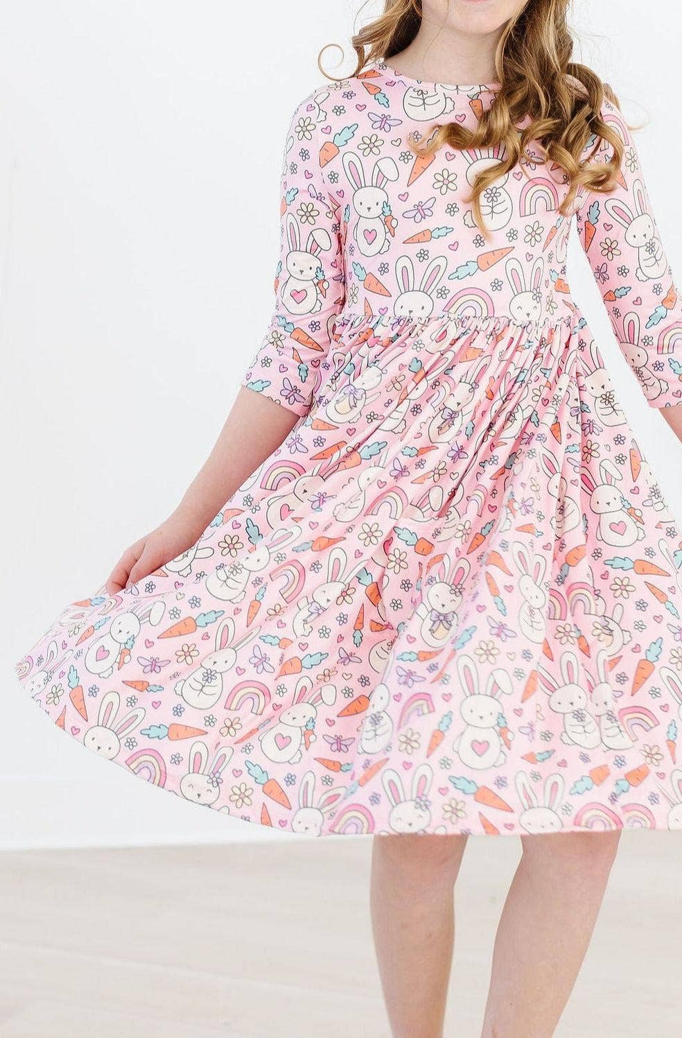Springtime Bunnies 3/4 Sleeve Pocket Twirl Dress: Mila Tx/Fl