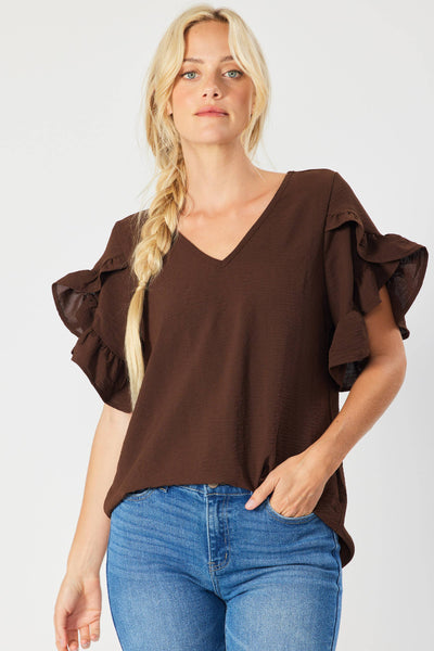 ST2407 - RUFFLED TULIP SLEEVE V NECK TOP: BROWN  FSL Apparel