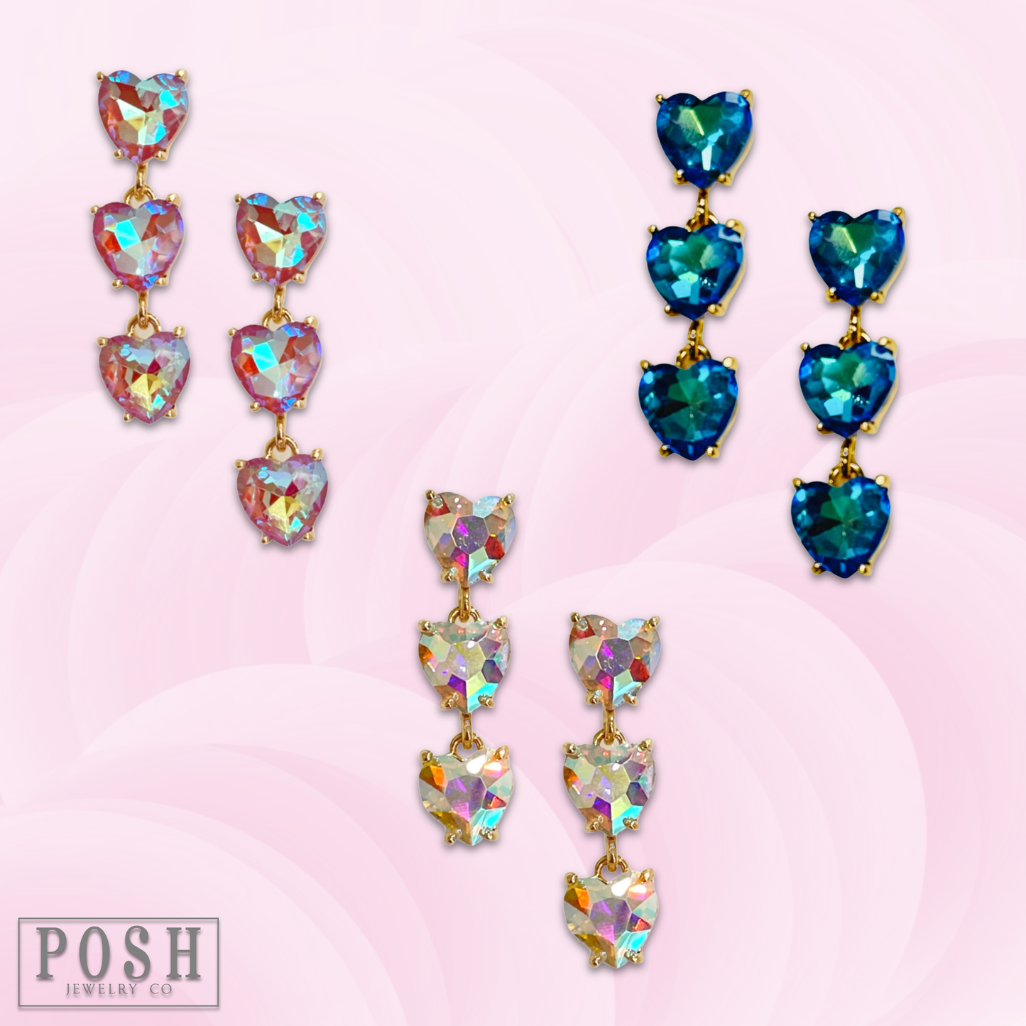 Triple heart rhinestone earring: Pink Iridescent PP