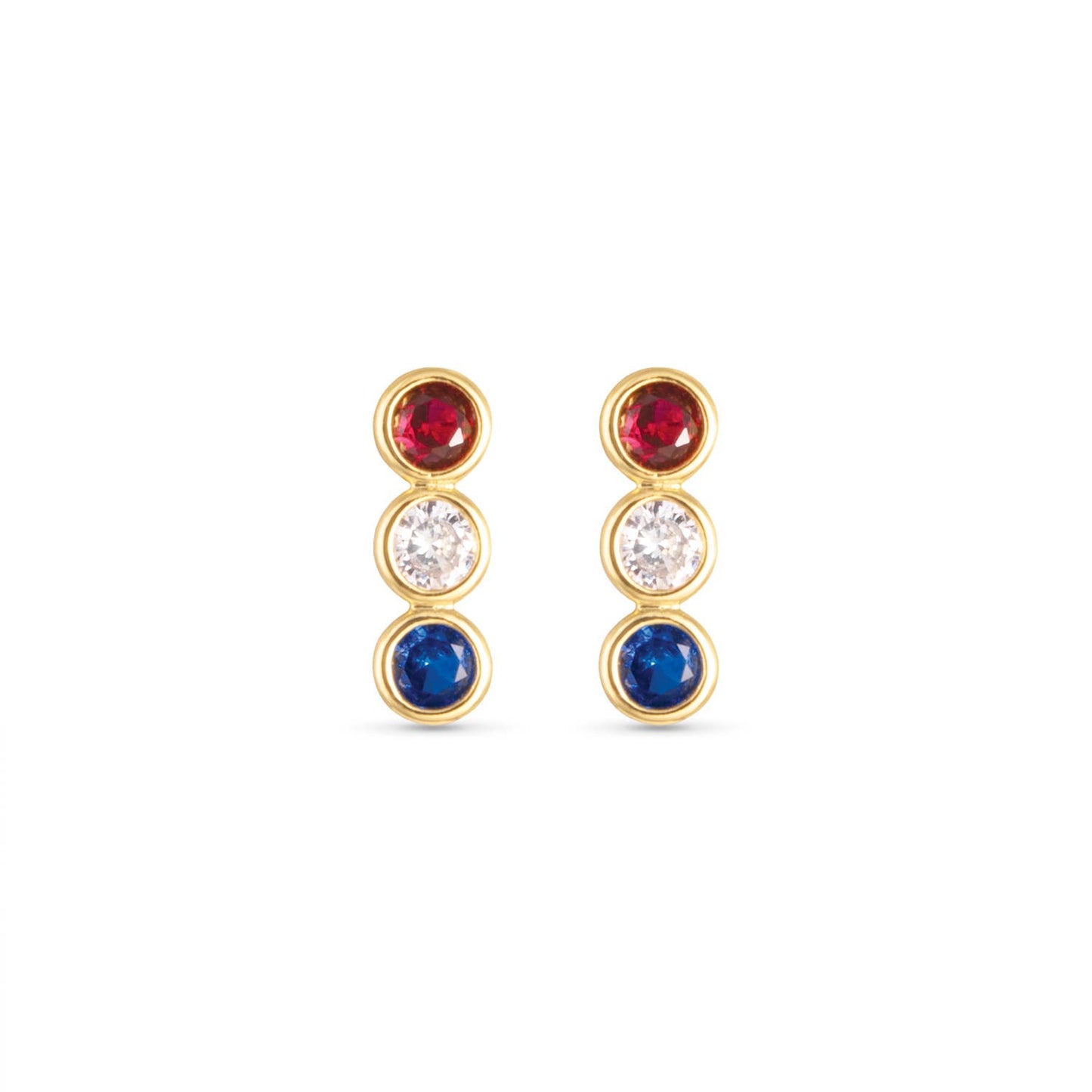 Gold Red White Blue Bezel Set CZ Triplet Earrings Amanda