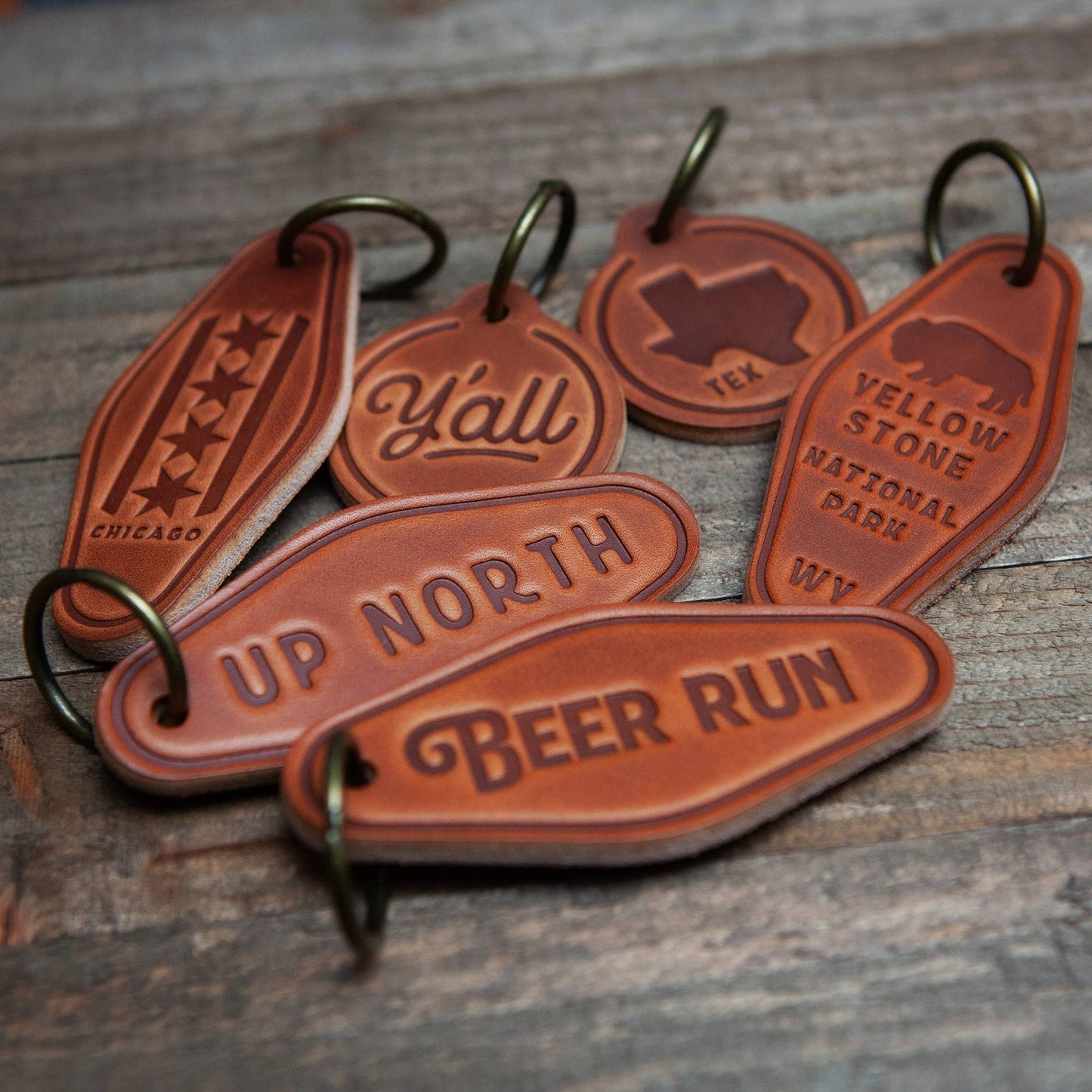 Texas Silhouette Script Leather Keychain Texas Style