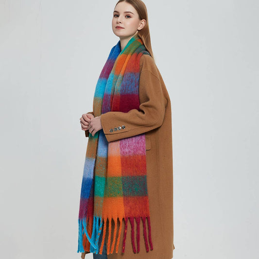 PLAID PATTERN FRINGE TRIM WINTER SCARF accity