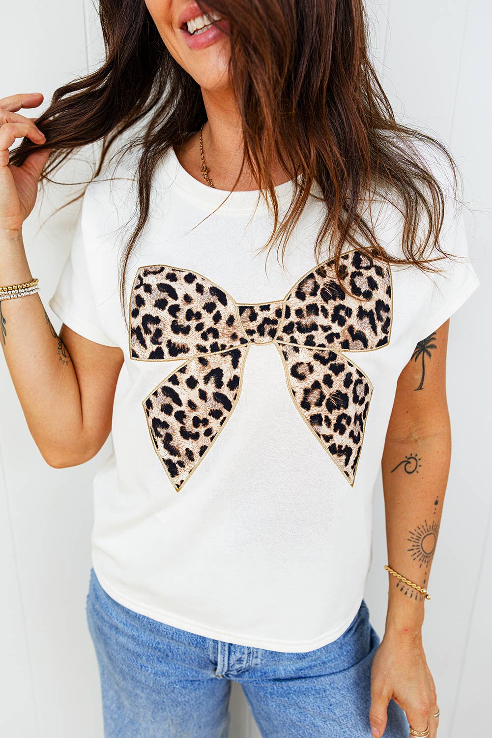 Leopard Bow Embroidered Cotton Round Neck T Shirt| White / LDC