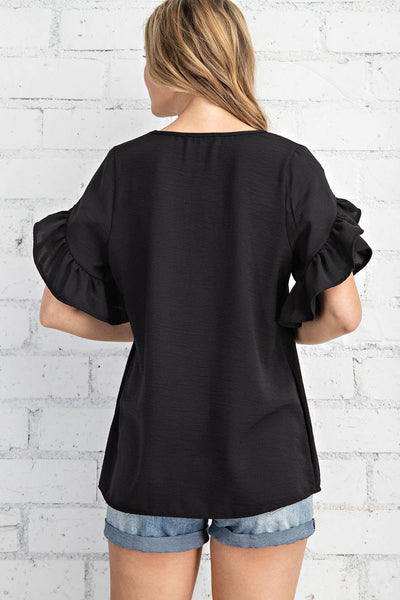 ST2407 - RUFFLED TULIP SLEEVE V NECK TOP: Black  FSL Apparel