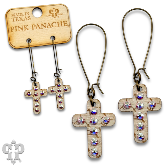 Mini wood cross earring with Austrian crystals: PP