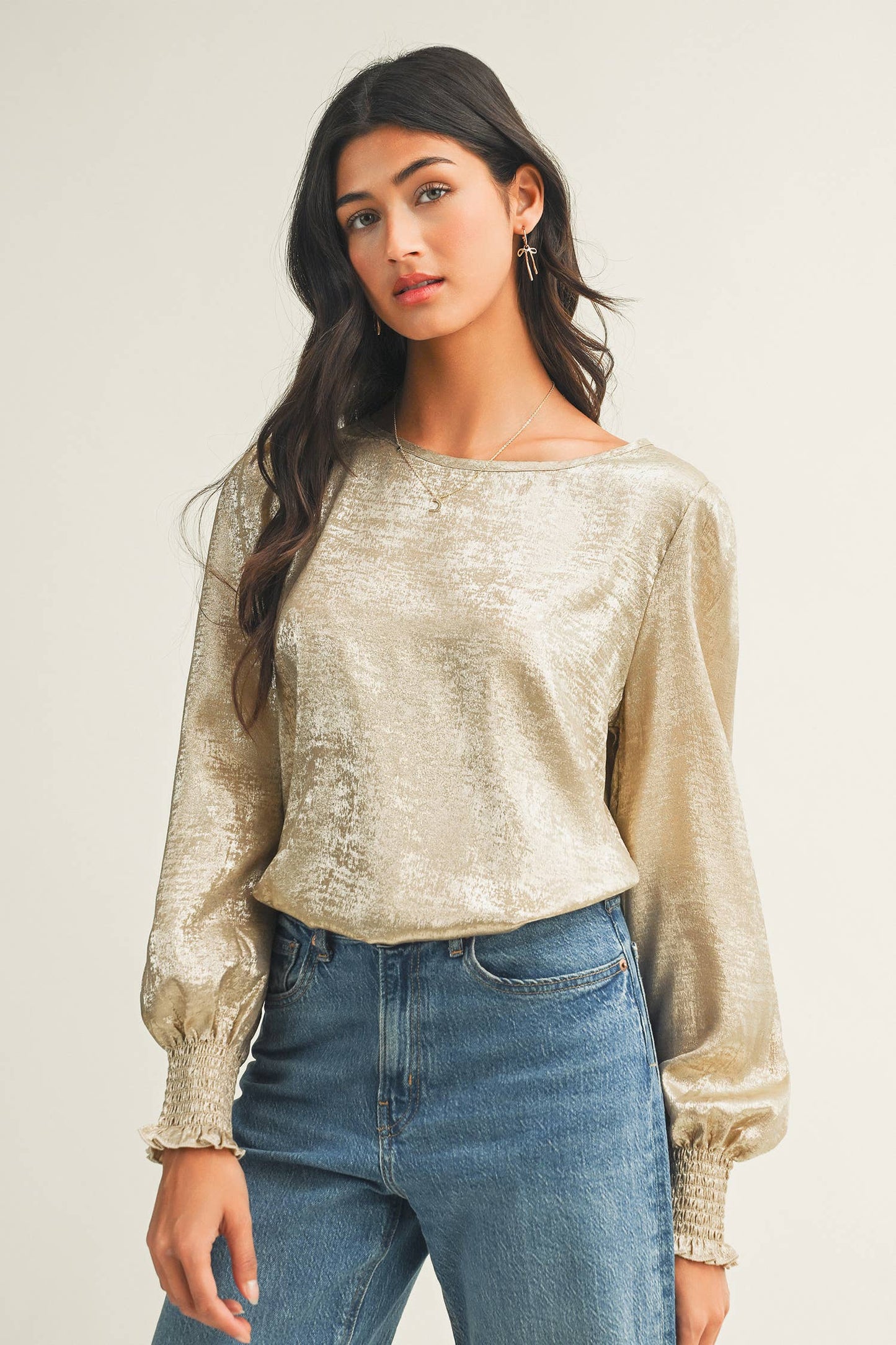 Metallic Round Neck Smocked Long Sleeve Blouse｜LDC