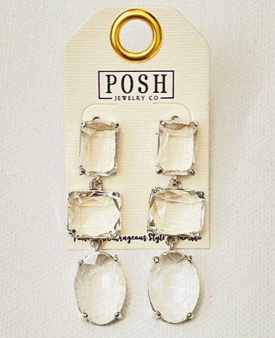 9PE066 * Clear Crystal and 3 Drop Post Earring Posh