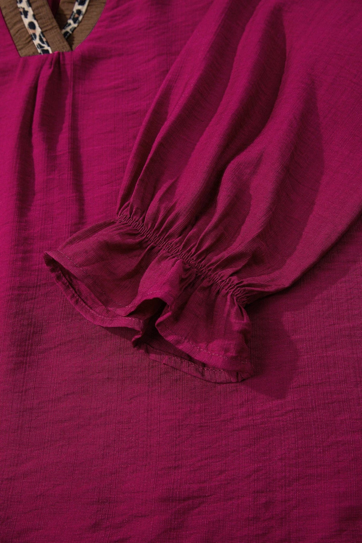 Leopard Trim Flounced  3/4 Sleeve V-Neck Blouse: Violet / S
