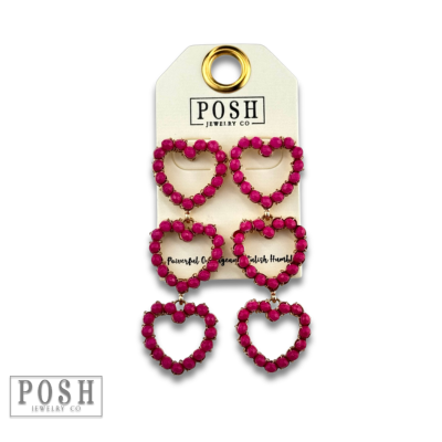 Fuchsia rhinestone triple heart earring: Fuchsia PP