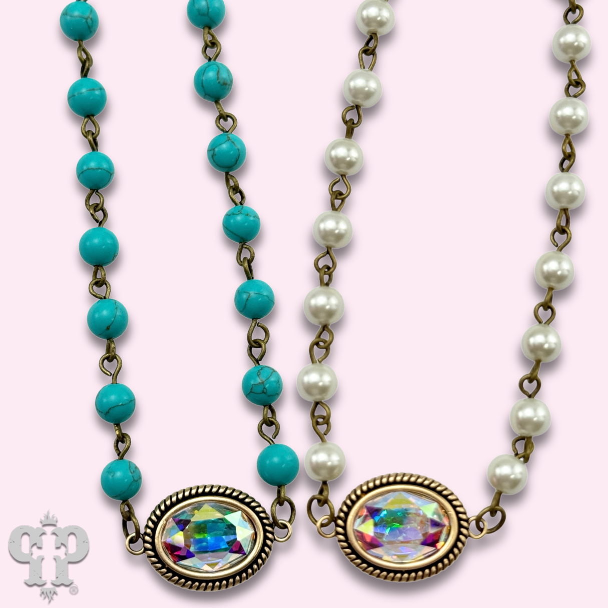 Mini oval rhinestone pendant necklace: Turquoise
