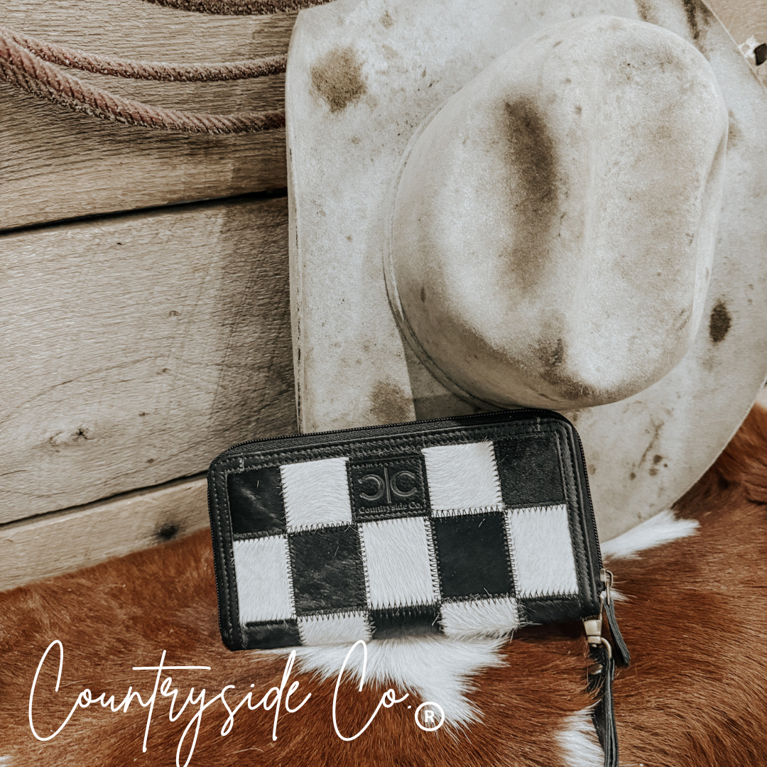 Checkered Cowhide Womens Wallet Wristlet Trendy: Black Or Brown Texas Western Cowhide