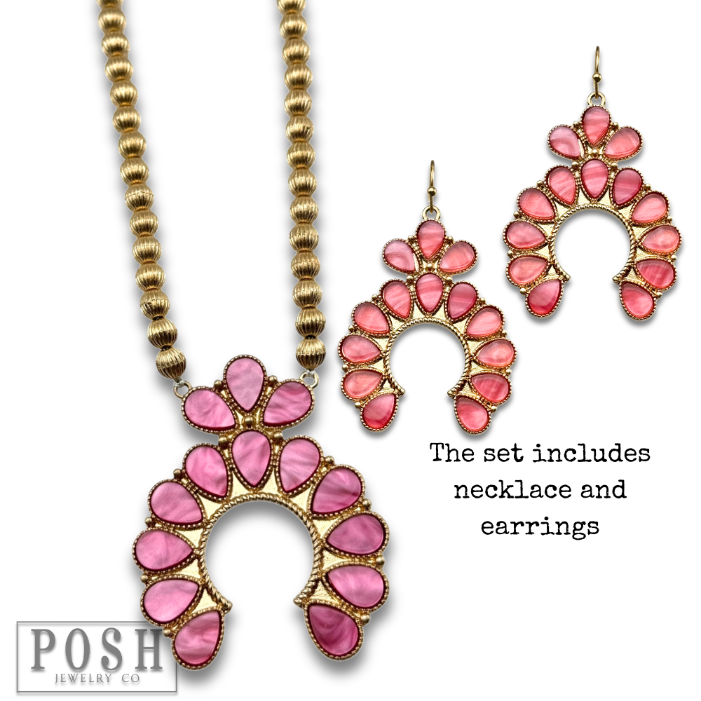Mother of pearl look squash blossom necklace set: White