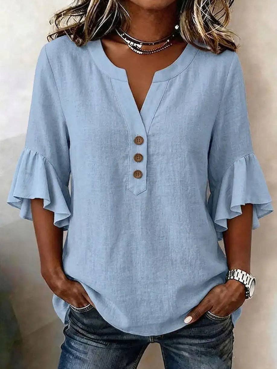 Cotton Linen Blouse V Neck Ruffle Sleeve Women's Top: Khaki / 95%polyester+5%Elastane / S