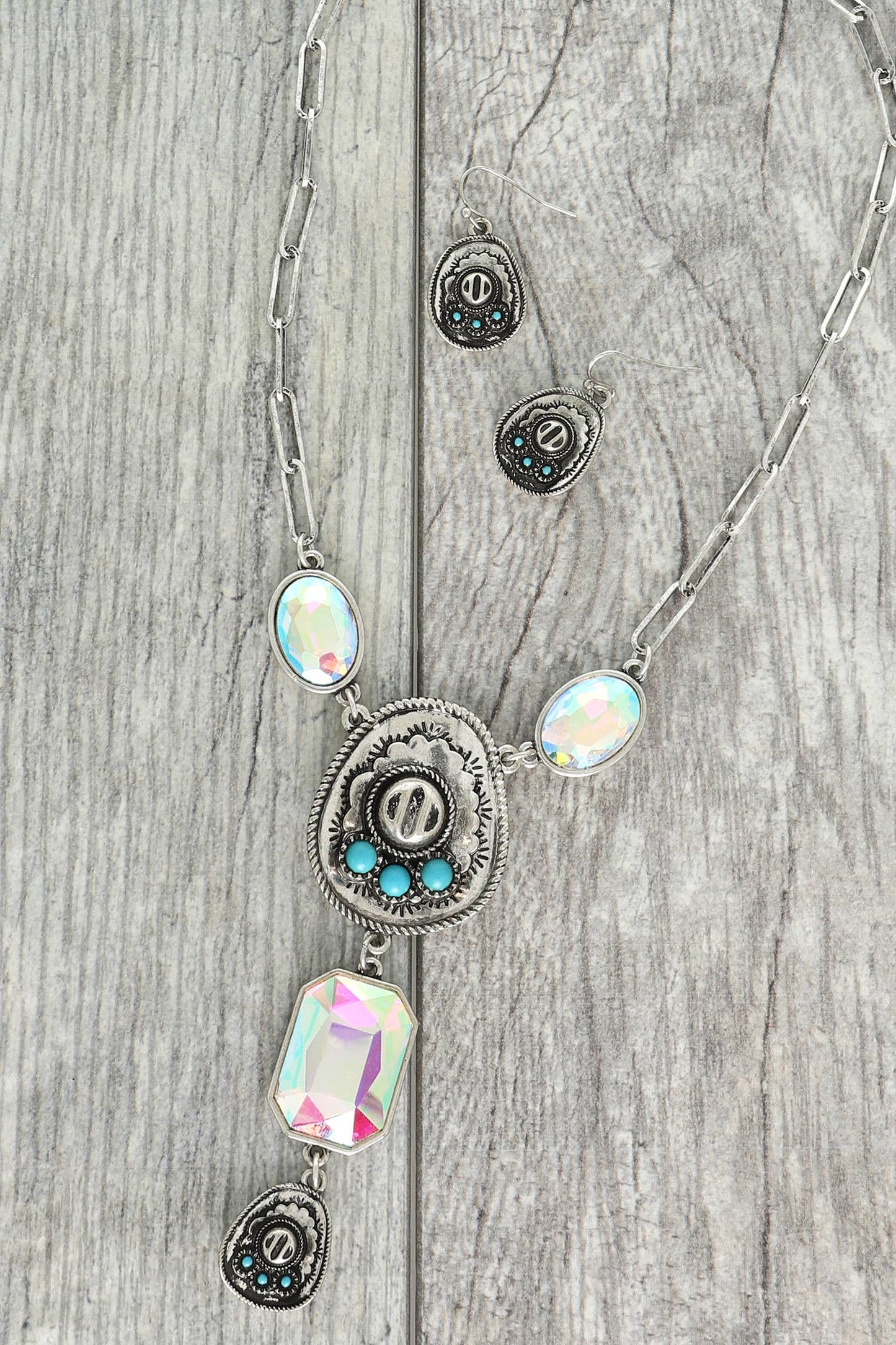 Western Gemstone Cowboy Hat Lariat Necklace Set