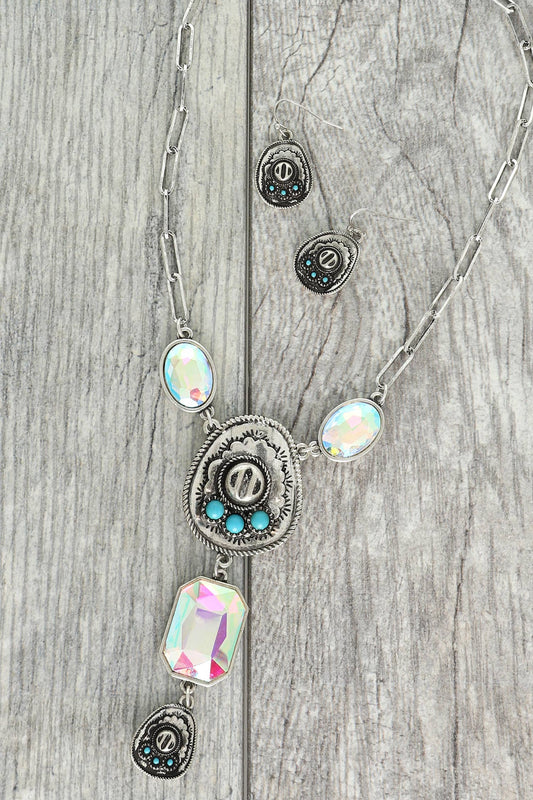 Western Gemstone Cowboy Hat Lariat Necklace Set