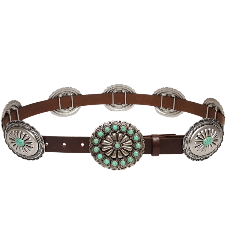 Genuine Leather belt w. full-packed oval stone conchos: Brown / Axesoria