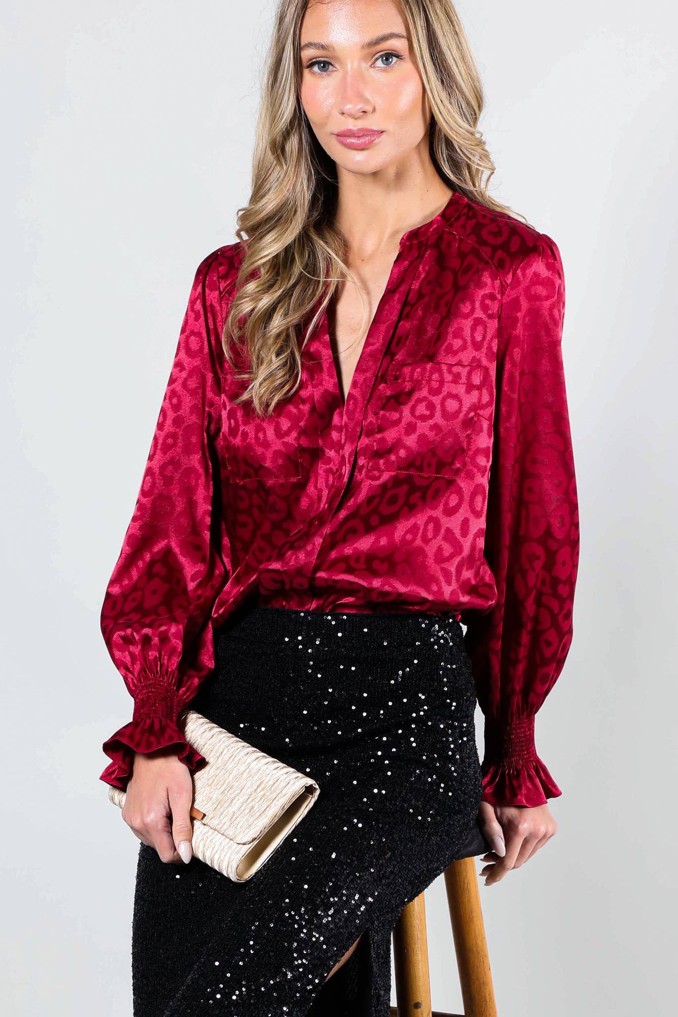 Black V-Neck Animal Jacquard Printed Satin Blouse VL