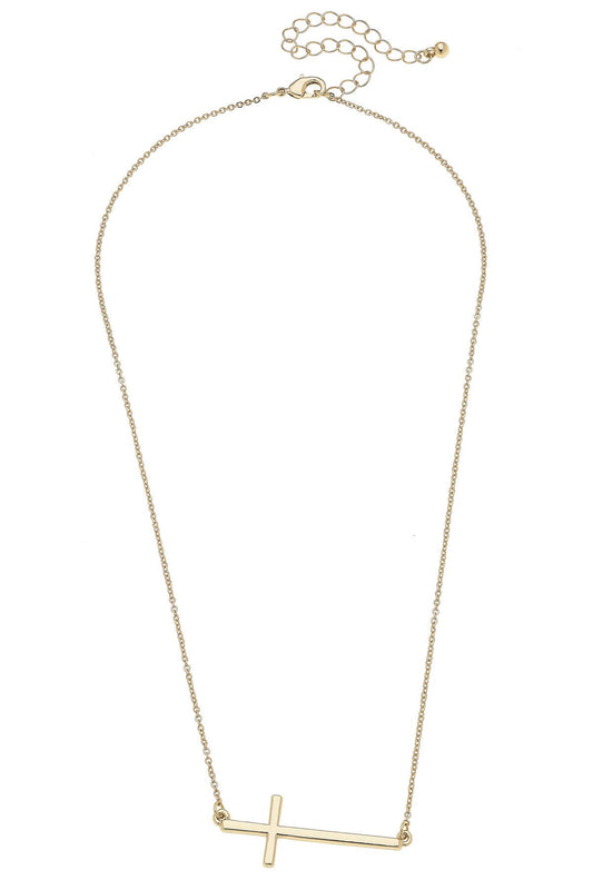 Carmi Horizontal Cross Necklace in Shiny Gold