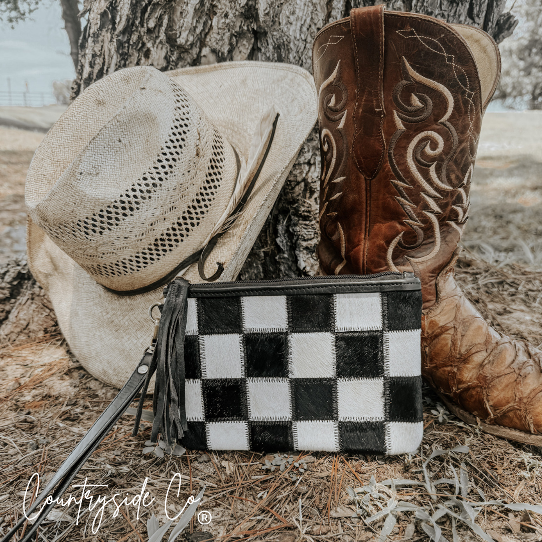 Stockyard Checkered Leather Cowhide Wristlet Pouch Texas Western Cowhide